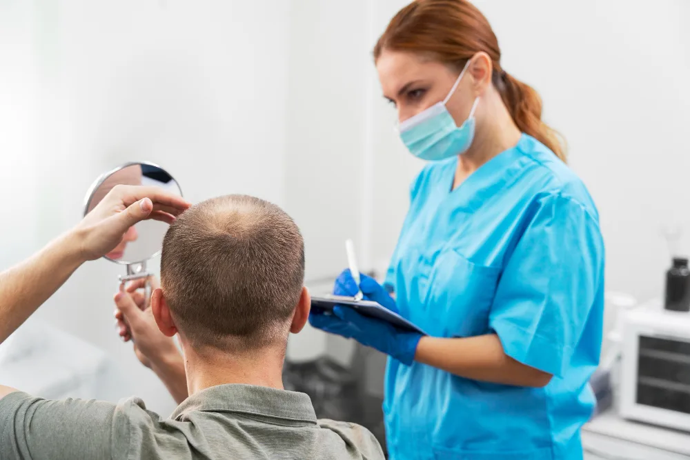 Un patient consulte un professionnel de santé de Renaissance Clinique pour une greffe de cheveux dans une clinique moderne en Turquie.
