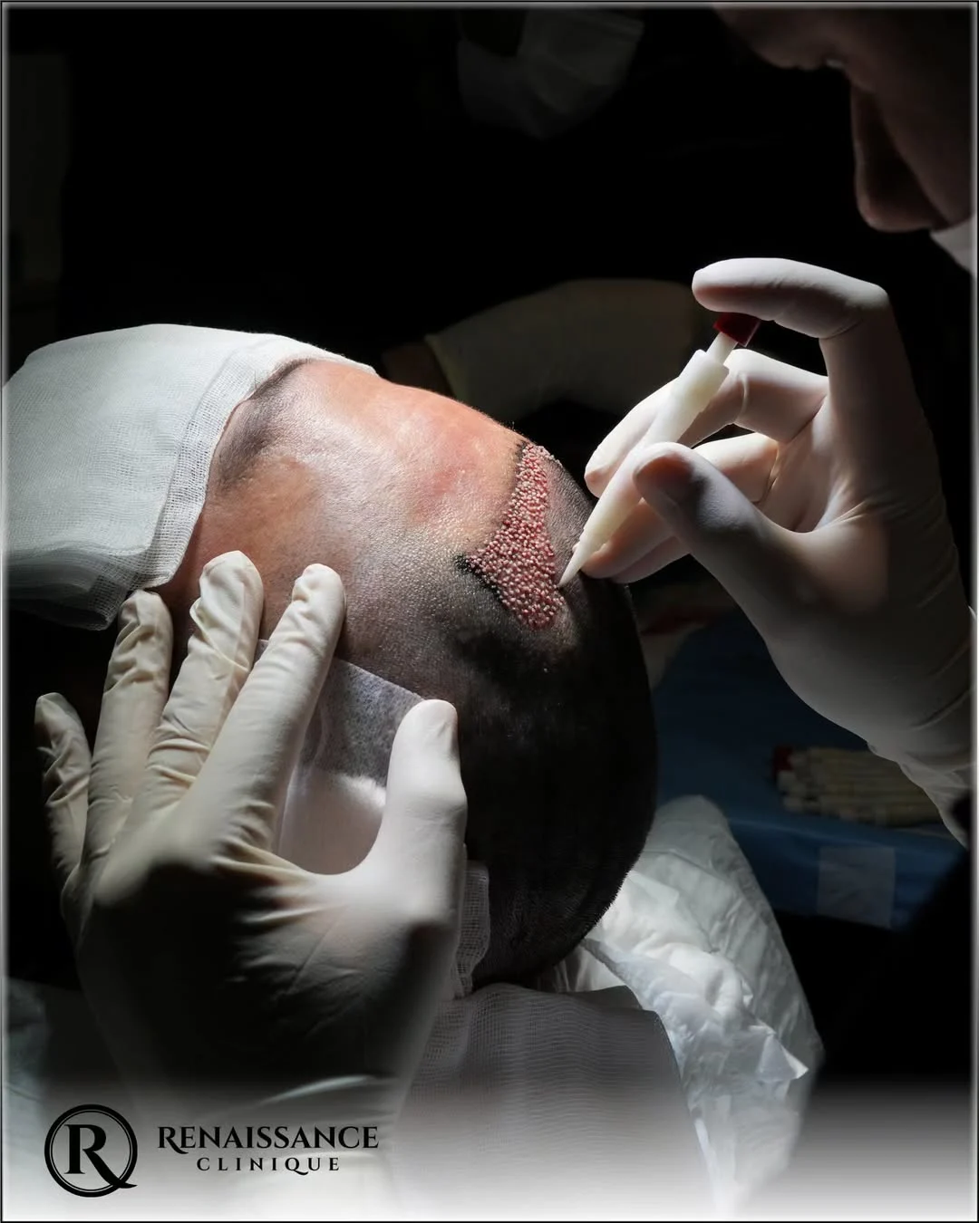 Implantation directe de follicules pileux à l’aide d’un stylo implanteur (technique Choi Pen), sans incision préalable, avec haute précision chirurgicale.