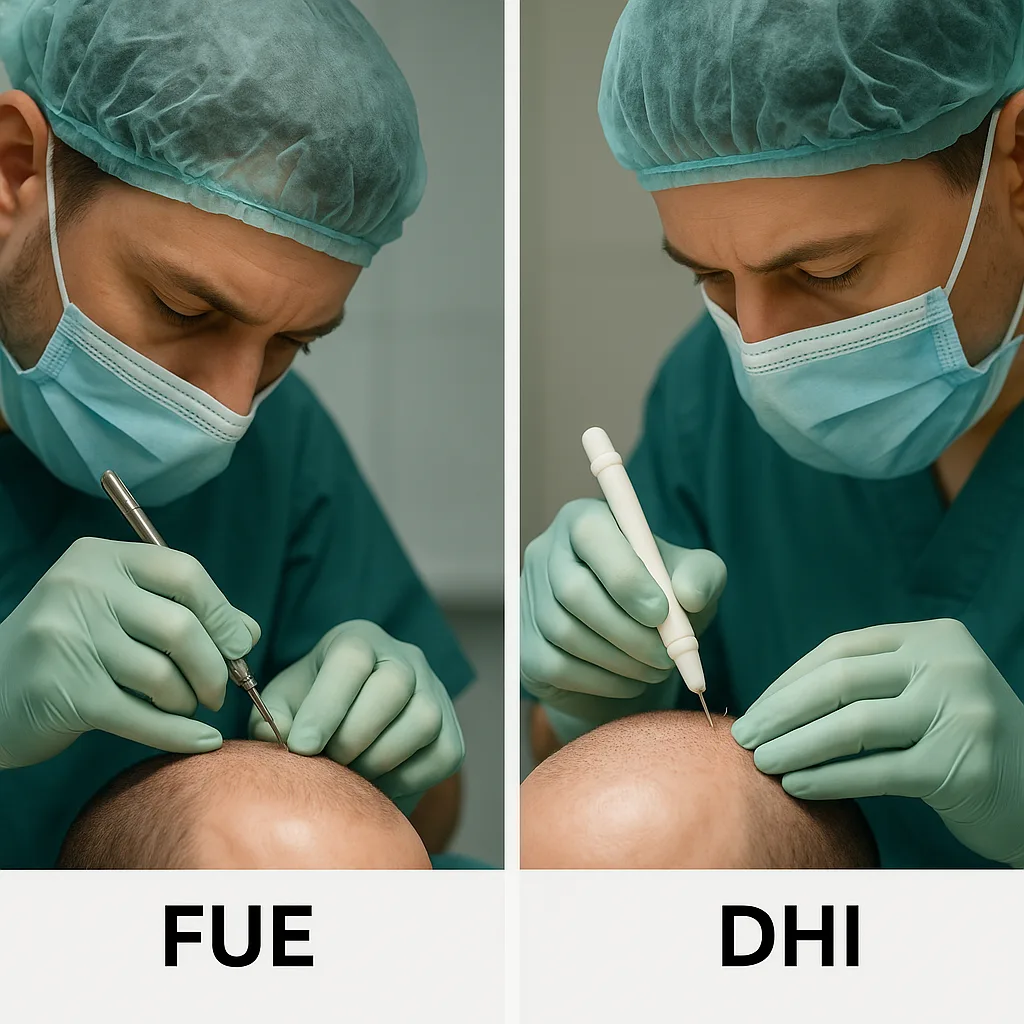 Comparaison visuelle côte à côte entre deux techniques modernes de greffe capillaire : à gauche, extraction des follicules avec un micro-punch (FUE), à droite, implantation directe avec un stylo implanteur Choi (Choi Pen), réalisées par des chirurgiens en milieu stérile.