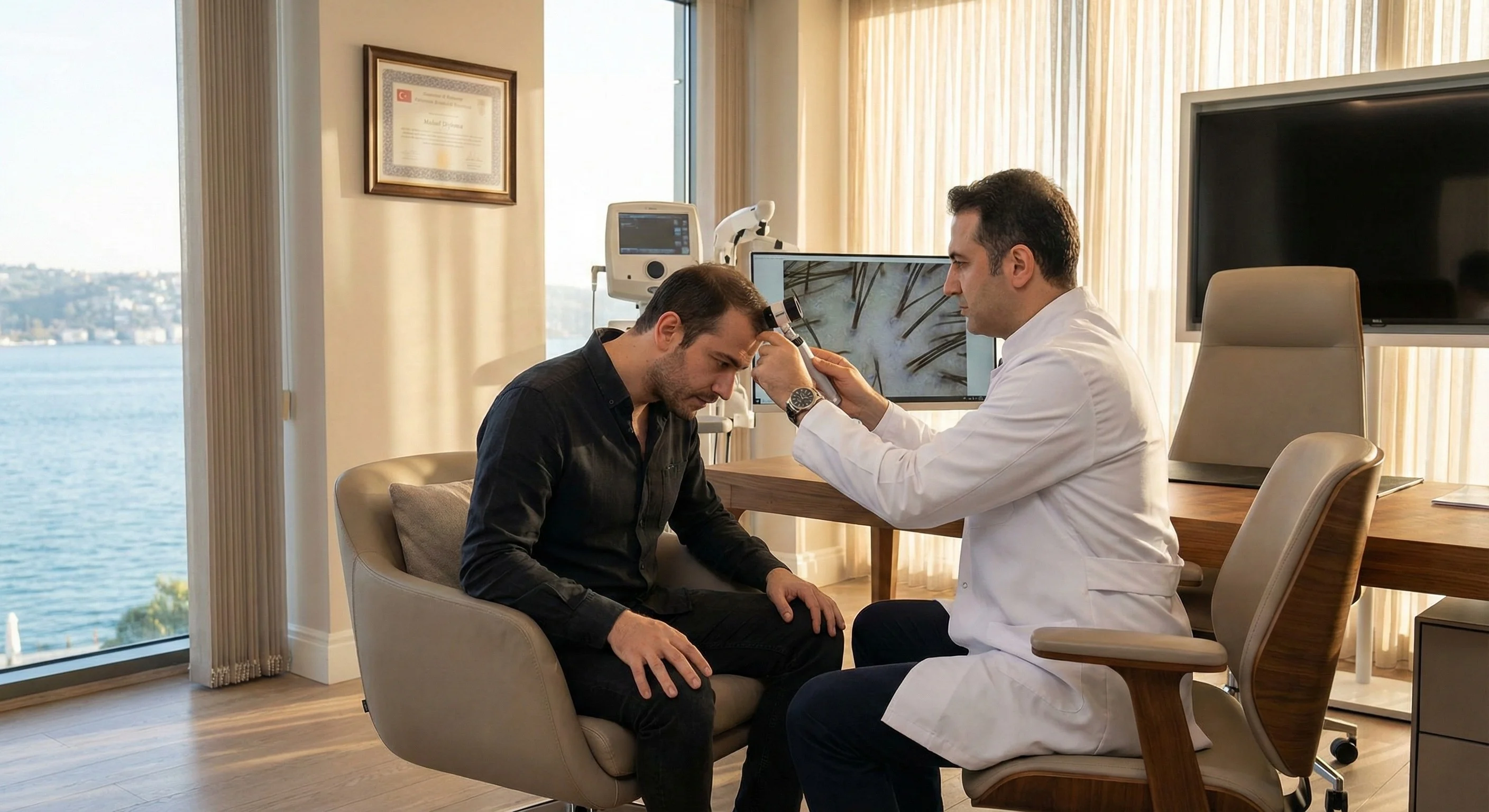 Un chirurgien en blouse blanche examine le cuir chevelu d'un patient avec un dermatoscope lors d'une consultation de greffe de cheveux dans une clinique moderne d'Istanbul. </p><p></p><p></p><p></p><p></p><p></p><p></p><p>La pièce élégante offre une vue sur la mer, avec un éclairage naturel chaud et des équipements de diagnostic modernes.