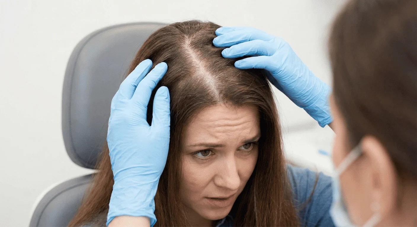 Une spécialiste portant des gants médicaux bleus examine attentivement le cuir chevelu d'une patiente à l'air inquiet, révélant une zone d'éclaircissement des cheveux sur le dessus de la tête lors d'une consultation.