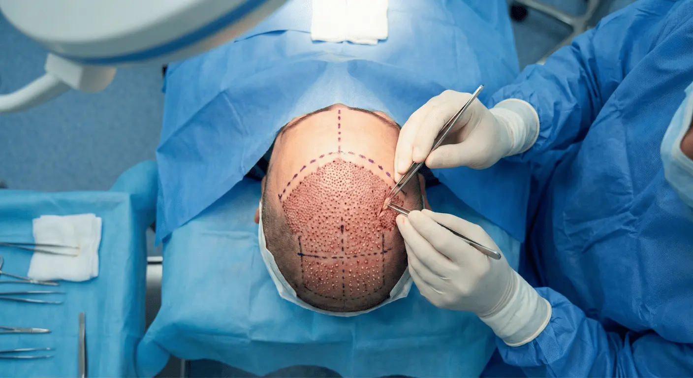 Vue supérieure d'une procédure de greffe de cheveux FUE en cours dans un bloc opératoire stérile. Les mains gantées d'un chirurgien utilisent des pinces de précision pour implanter des greffons folliculaires dans la zone de la couronne (vertex) du patient, qui présente des marquages préopératoires violets définissant la zone à traiter.