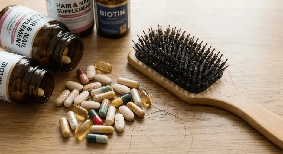 Brosse à cheveux couverte de mèches de cheveux tombés, à côté de flacons de biotine et de capsules de compléments alimentaires sur une table en bois, illustrant la perte de cheveux liée aux carences nutritionnelles.