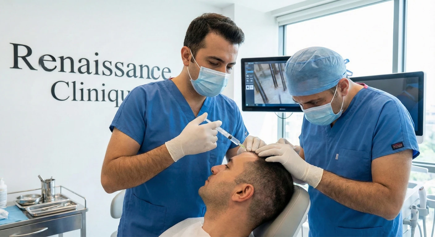 Deux spécialistes en soins capillaires, équipés de masques et de gants, effectuent une injection thérapeutique sur le cuir chevelu d'un patient allongé dans un fauteuil médical. </p><p></p><p></p><p></p><p></p><p></p><p></p><p>Le logo "Renaissance Clinique" est visible sur le mur du fond, à côté d'un écran montrant une analyse microscopique des cheveux.