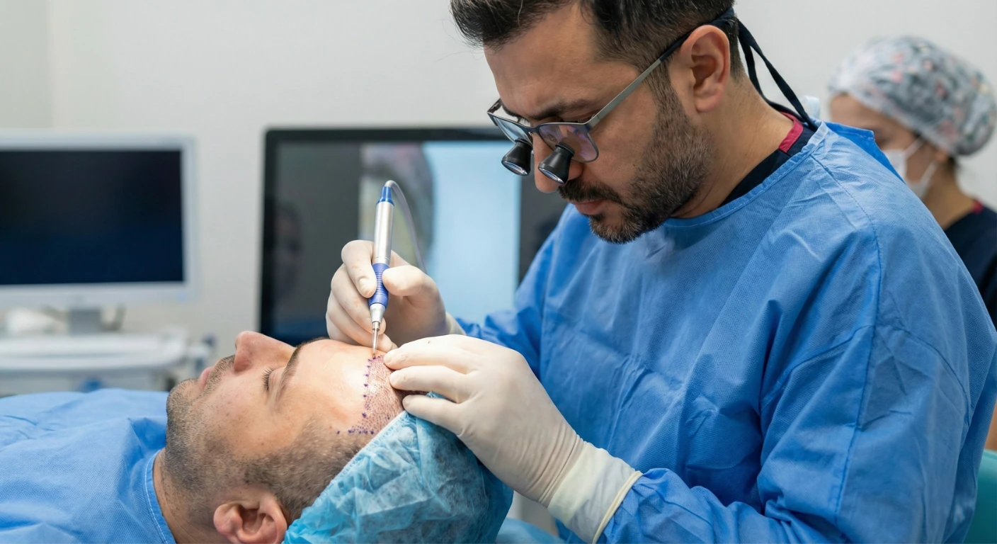 Chirurgien spécialiste de Renaissance Clinique effectuant une procédure de greffe de cheveux FUE/Choi Pen sur le cuir chevelu d'un patient masculin dans un environnement médical stérile.