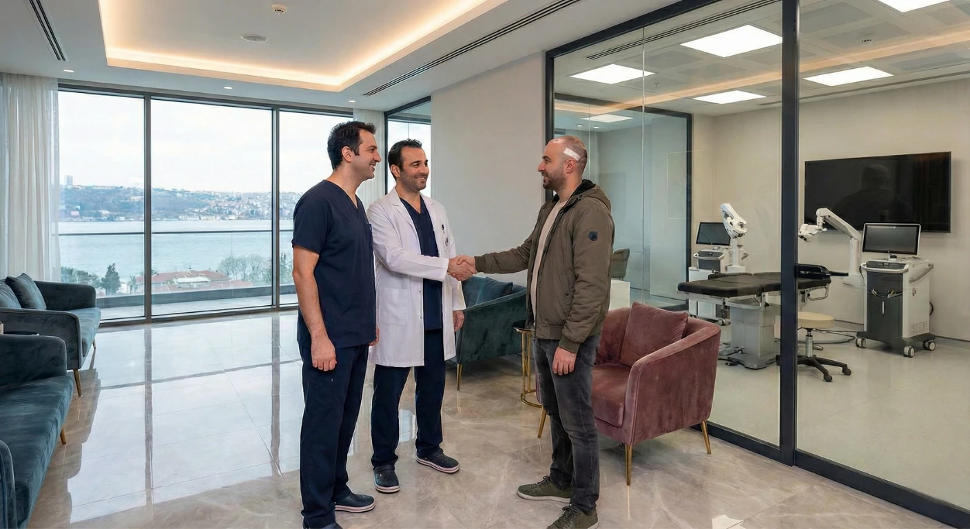 Accueil Chaleureux des Patients à la Renaissance Clinique à Istanbul Un médecin et un patient se serrent la main dans le hall de la Renaissance Clinique, avec un autre médecin et une salle de traitement moderne visible en arrière-plan.