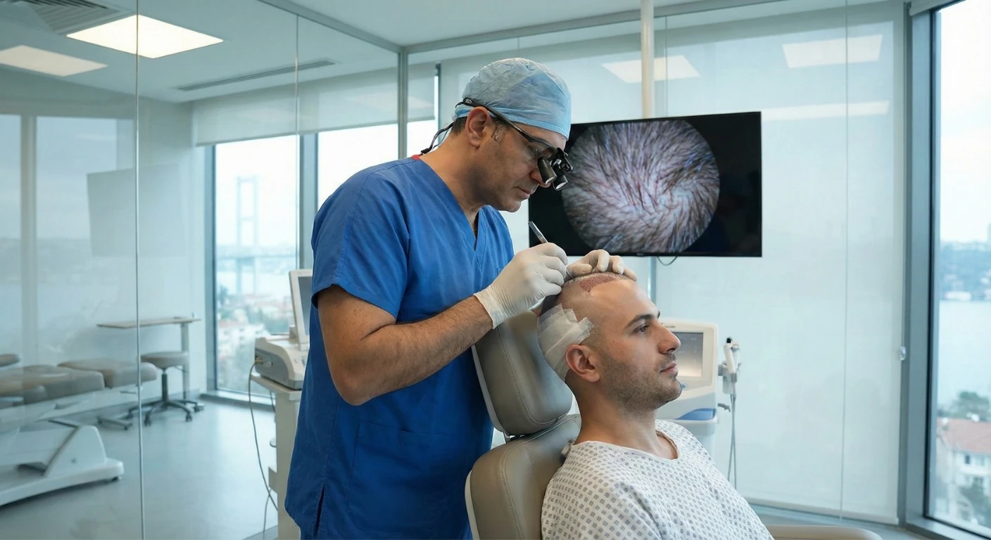 Procédure de Greffe de Cheveux à la Renaissance Clinique Médecin réalisant une greffe de cheveux FUE sur un patient à la Renaissance Clinique à Istanbul.