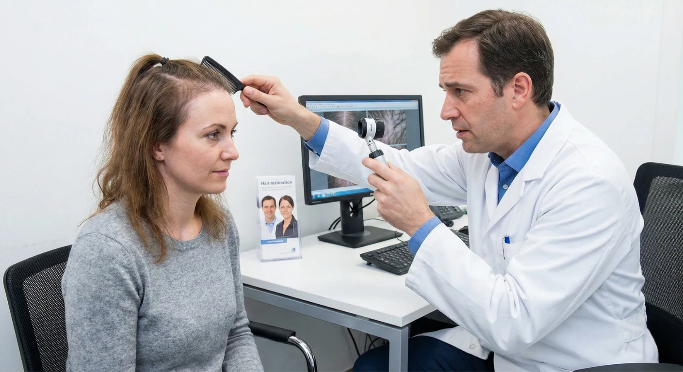 Consultation et Diagnostic Capillaire pour Femmes à la Renaissance Clinique Un médecin spécialiste examine le cuir chevelu d'une femme lors d'une consultation sur la perte de cheveux à la Renaissance Clinique.