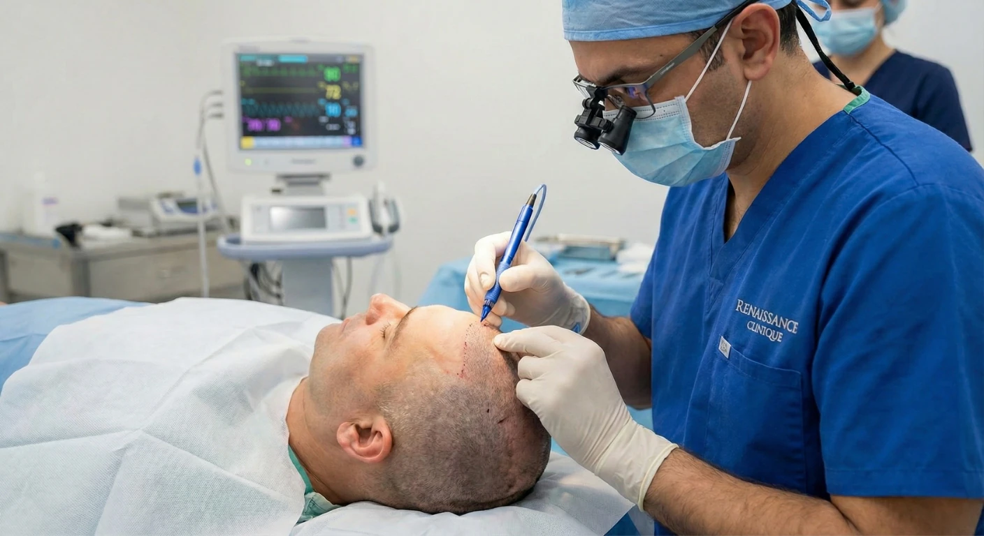 Un chirurgien expert réalisant une greffe de cheveux avec la technique FUE Saphir à la Renaissance Clinique à Istanbul.