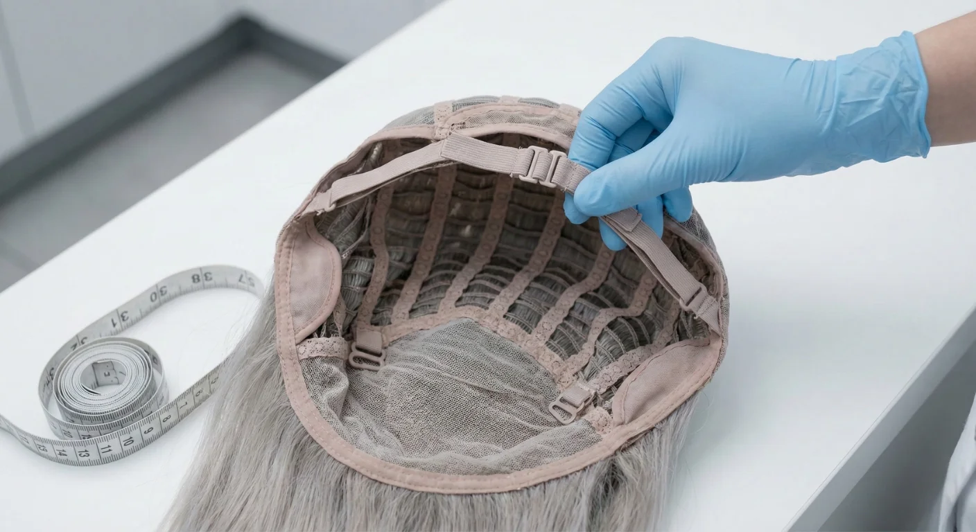 Gros plan sur l'intérieur d'un bonnet de perruque médicale, où une main gantée en bleu ajuste les sangles élastiques pour un maintien sécurisé. Un mètre ruban est posé à côté sur un plan de travail clinique blanc.