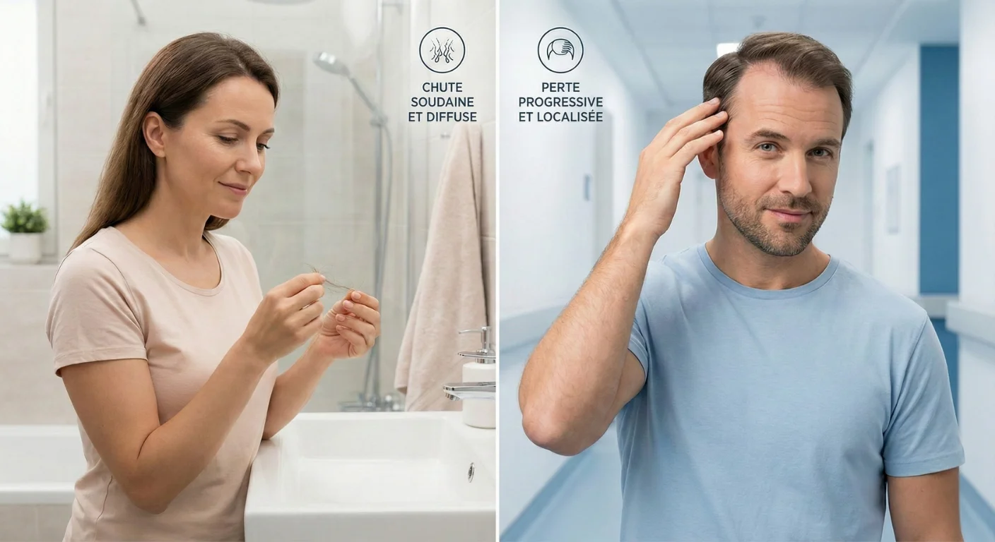 Comparaison visuelle en écran scindé de deux types de perte de cheveux. À gauche, une femme constate une chute soudaine et diffuse (effluvium télogène). À droite, un homme examine une perte progressive et localisée (alopécie) au niveau des tempes.