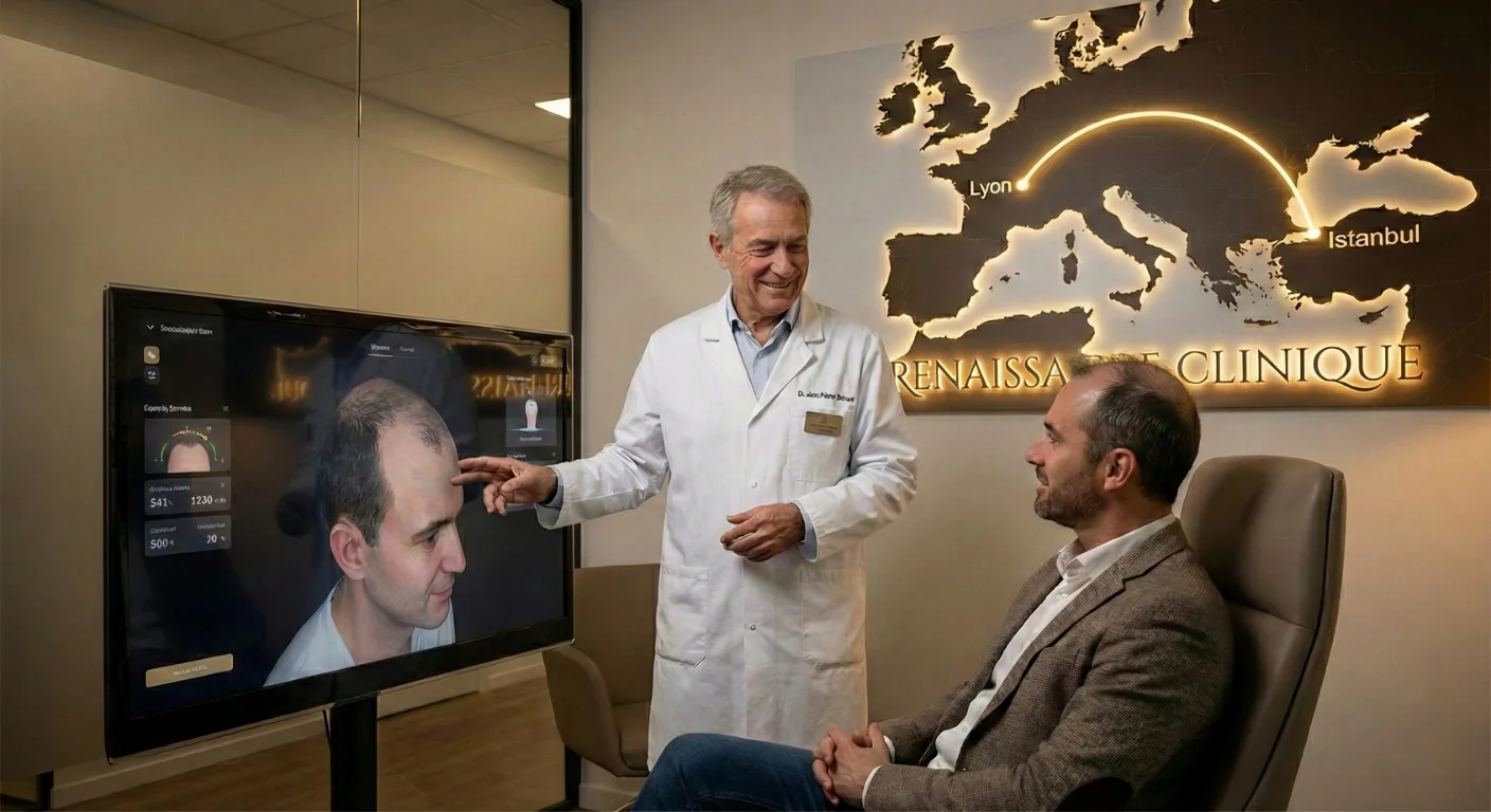 Consultation Pré-opératoire à Lyon : Expertise et Simulation 3D Un médecin de Renaissance Clinique à Lyon explique une simulation 3D de greffe de cheveux sur un écran à un patient souffrant d'alopécie. En arrière-plan, une carte murale relie symboliquement Lyon et Istanbul.
