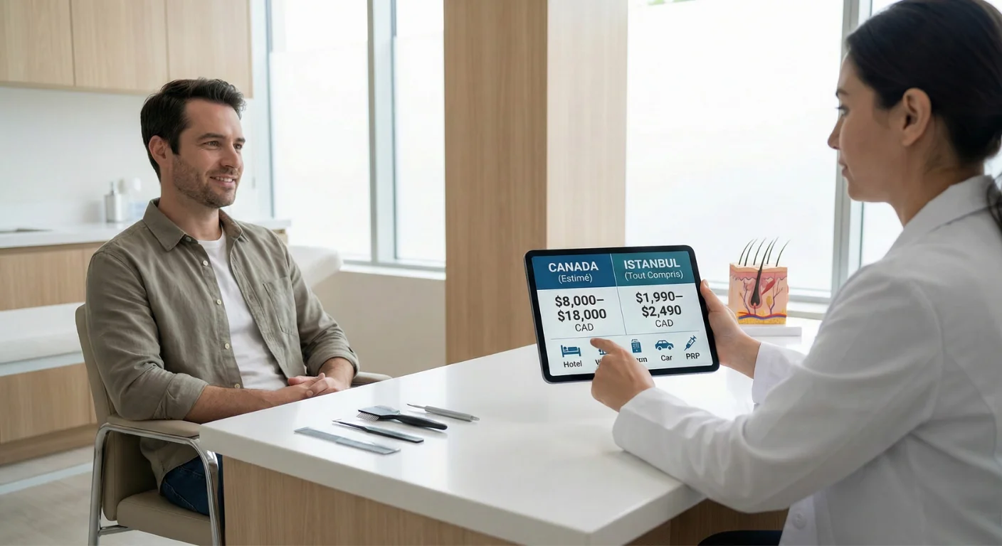 Médecin montrant un tableau comparatif des prix de greffe de cheveux sur tablette : coûts élevés au Canada (8 000 $- 18 000$ CAD) vs forfaits abordables à Istanbul (1 990 $- 2 490$ CAD) pour un patient québécois.