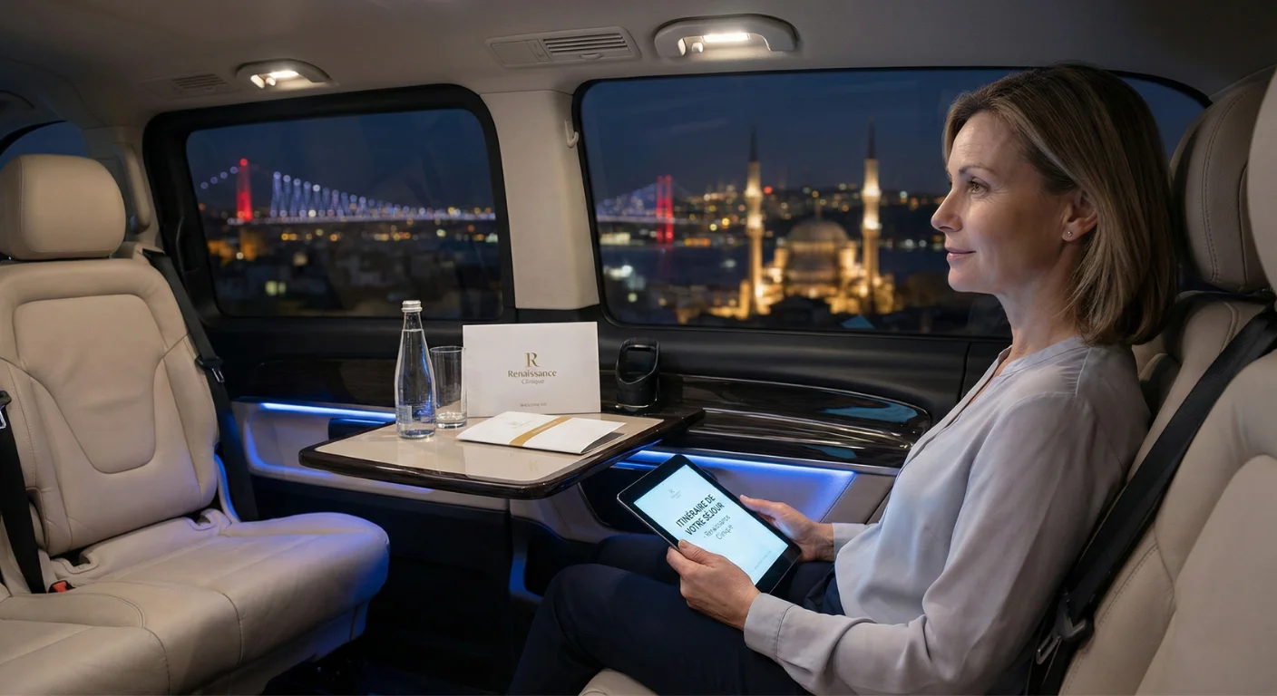 Accueil VIP et Transfert de Luxe à Istanbul par Renaissance Clinique Une patiente détendue à l'arrière d'un van VIP de luxe la nuit à Istanbul, regardant le pont du Bosphore illuminé. Un kit de bienvenue avec le logo "Renaissance Clinique" et de l'eau sont posés sur la tablette devant elle.