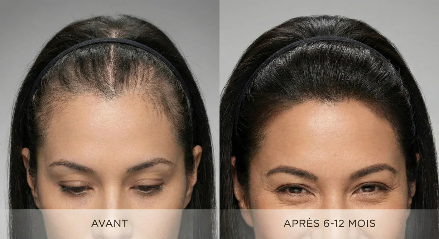 Comparaison avant et après d'une greffe de cheveux chez une femme, montrant la redensification de la ligne frontale et du sommet du crâne après 6 à 12 mois.