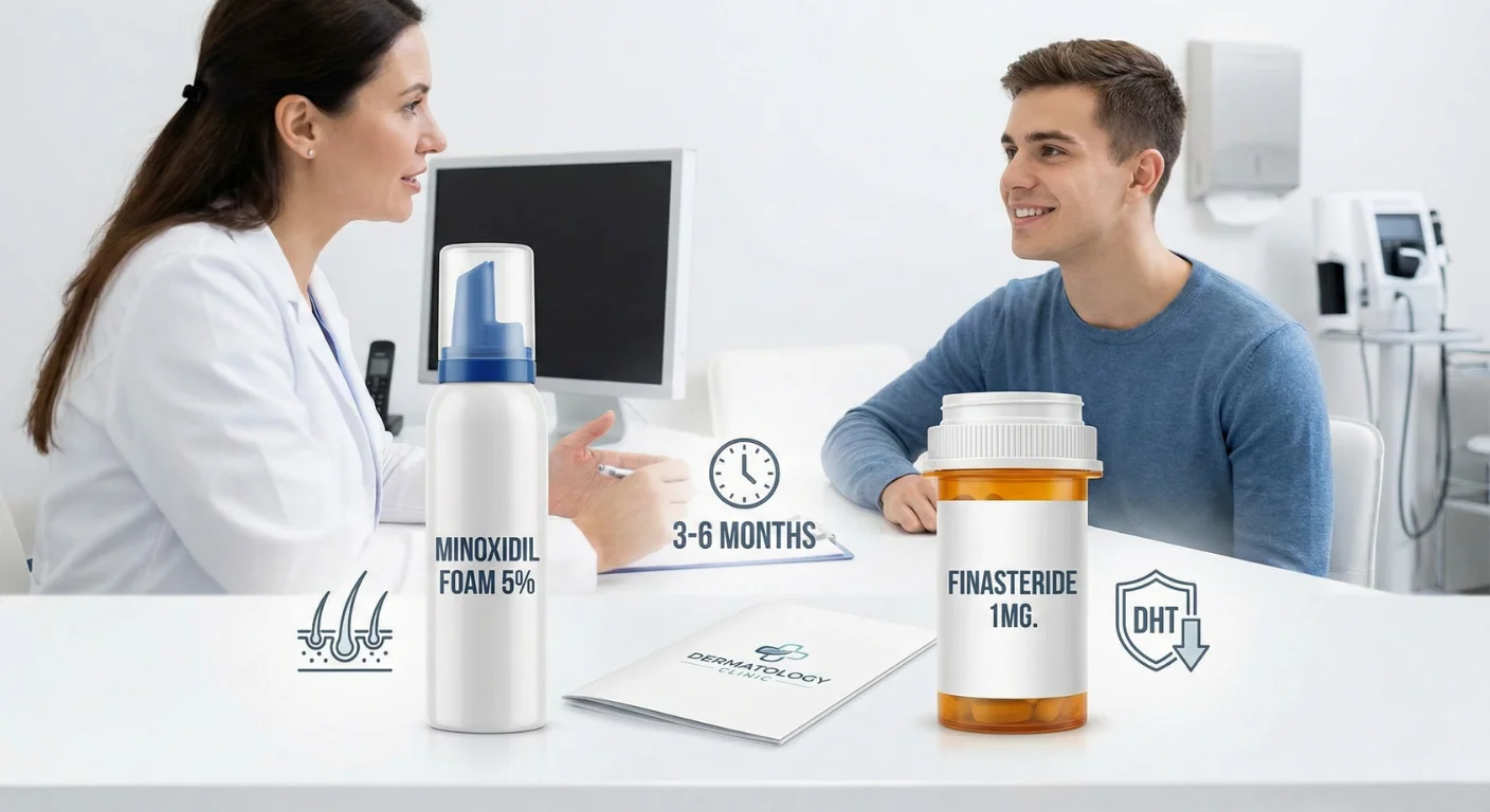 Consultation médicale pour la perte de cheveux avec un dermatologue et un patient, montrant des boîtes de mousse Minoxidil 5% et de comprimés Finastéride 1mg sur le bureau, accompagnées d'icônes sur le mécanisme d'action et la durée du traitement.