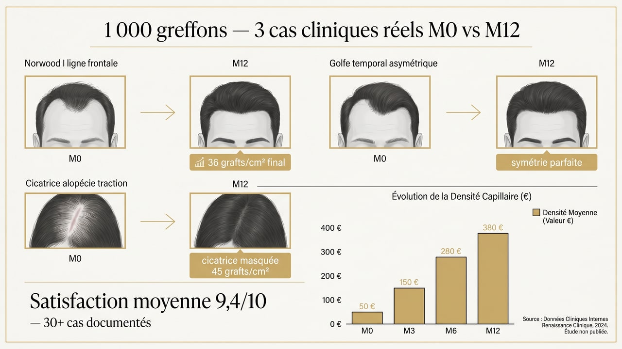 Trois cas cliniques de greffe 1 000 grafts avant/après M0 à M12 — ligne frontale, golfe asymétrique, cicatrice traction