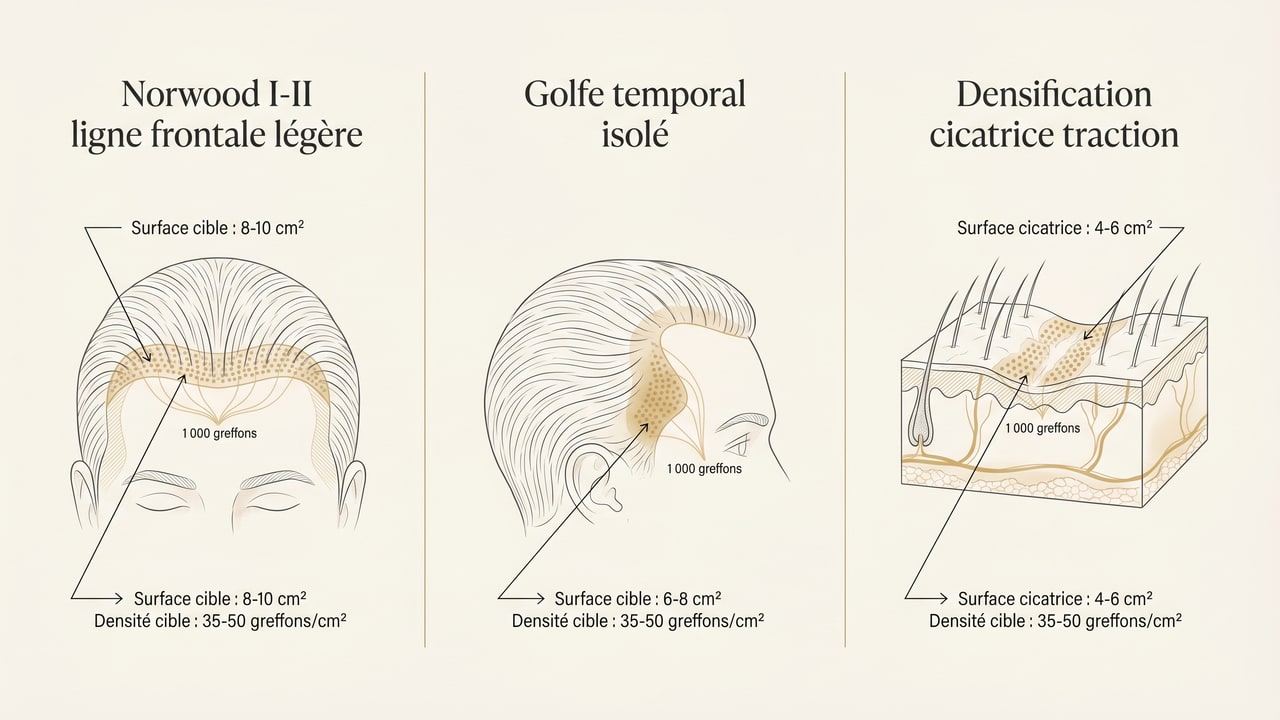 Trois scénarios de répartition de 1 000 greffons — ligne frontale Norwood I-II, golfe temporal isolé, densification cicatricielle