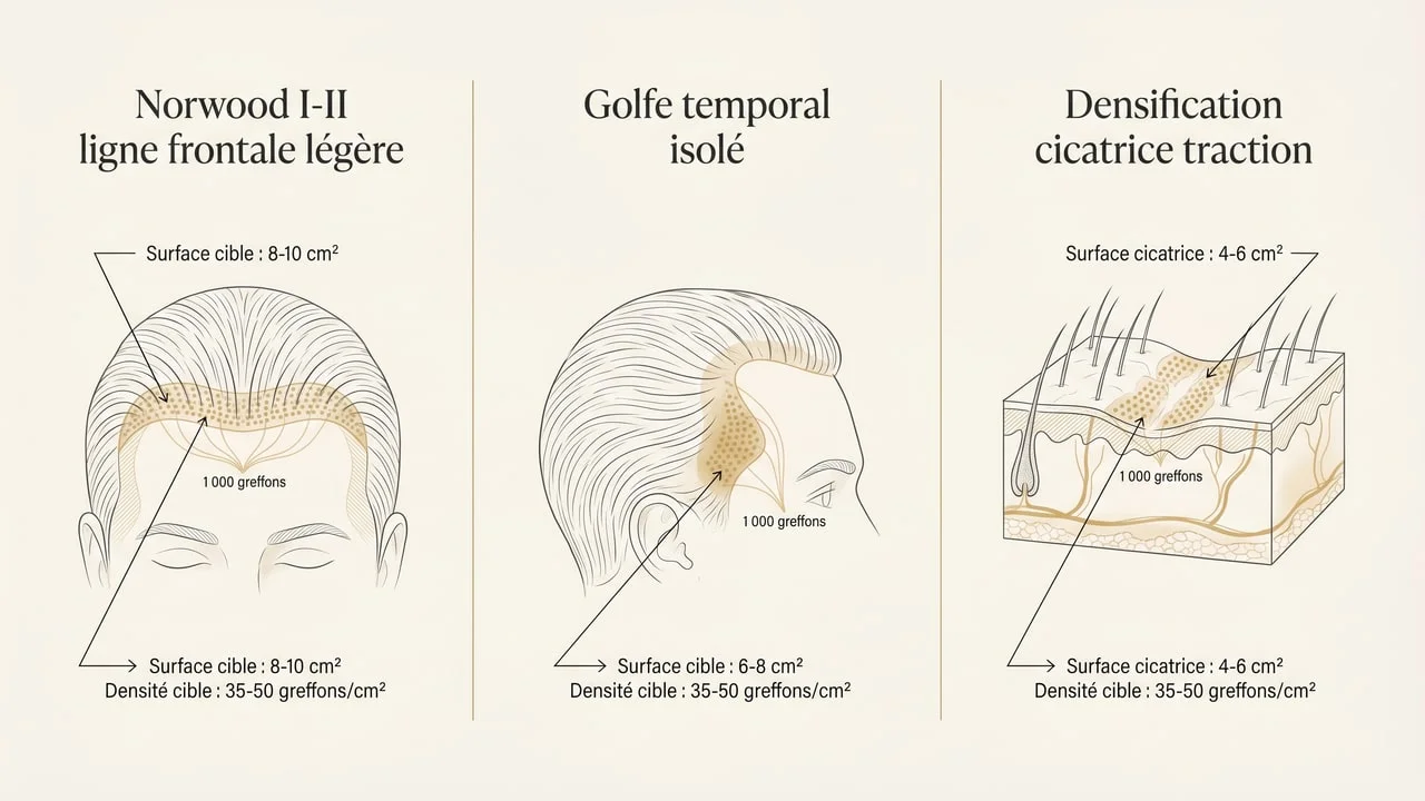 Trois scénarios de répartition de 1 000 greffons — ligne frontale Norwood I-II, golfe temporal isolé, densification cicatricielle