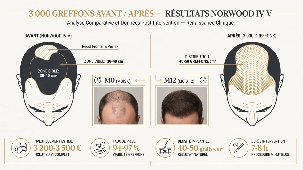 Infographie avant/après greffe de 3 000 grafts Norwood IV-V — densité finale 40-50 grafts/cm², prix Renaissance 3 200-3 500 €