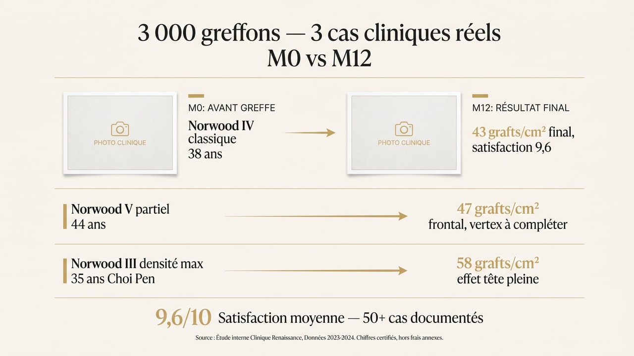 Trois cas cliniques de greffe 3 000 grafts avant/après M0 à M12 — Norwood IV classique, V partiel, III densité maximale