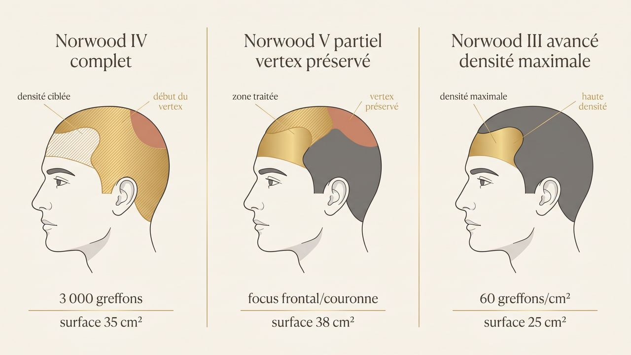 Trois scénarios de répartition de 3 000 grafts — Norwood IV complet, Norwood V partiel, Norwood III densité maximale