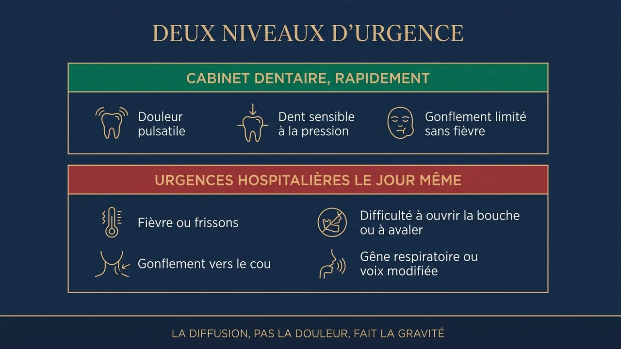 Infographie distinguant les signes d'un abcès dentaire relevant d'un rendez-vous dentaire rapide de ceux qui imposent un passage aux urgences hospitalières le jour même
