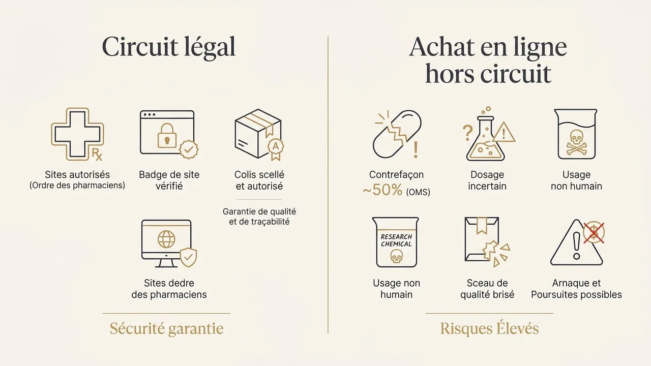 Infographie comparant le circuit pharmaceutique légal et les risques de l'achat de clascotérone en ligne hors circuit : contrefaçon, dosage incertain, research chemical