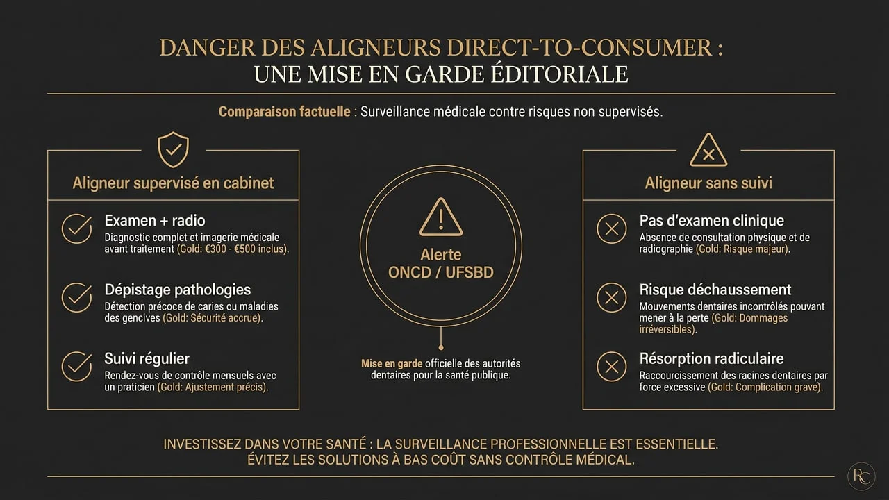 Infographie comparant un aligneur supervisé en cabinet et un aligneur vendu sans suivi, avec l'alerte de l'ONCD et de l'UFSBD