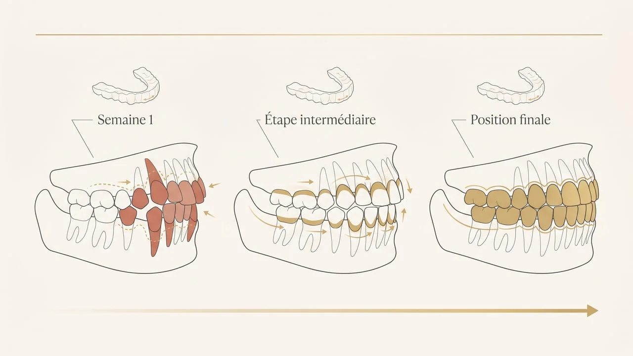 Schéma du fonctionnement des aligneurs invisibles : déplacement progressif des dents au fil des gouttières successives