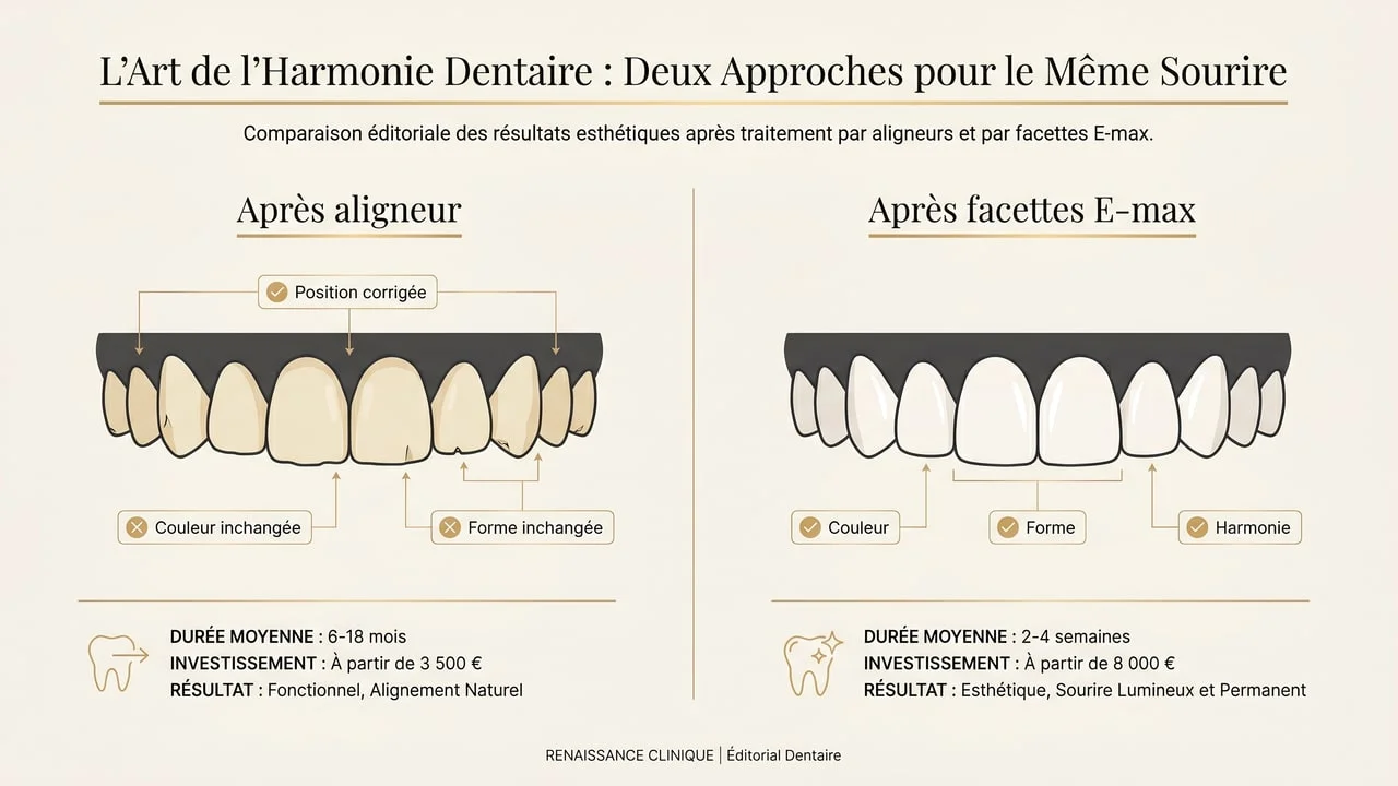 Comparaison : un aligneur corrige la position alors que les facettes transforment la couleur et la forme du sourire
