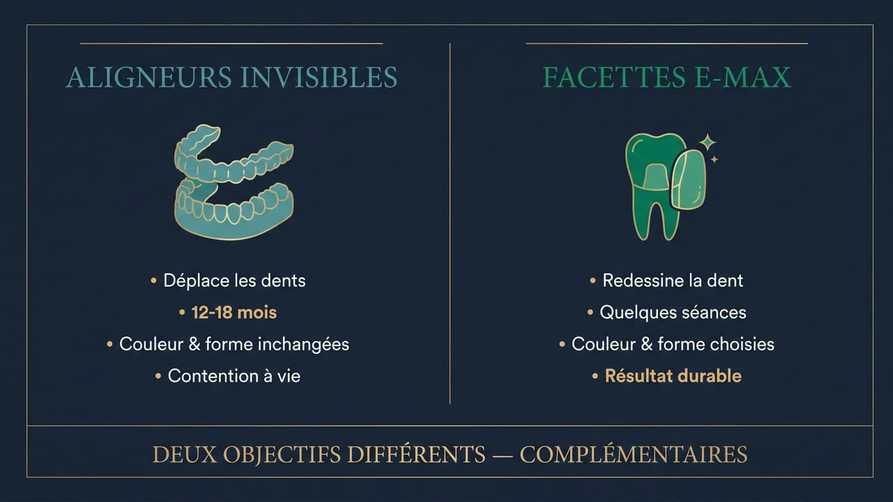 Comparaison infographique des aligneurs invisibles et des facettes E-max : deux objectifs différents et complémentaires
