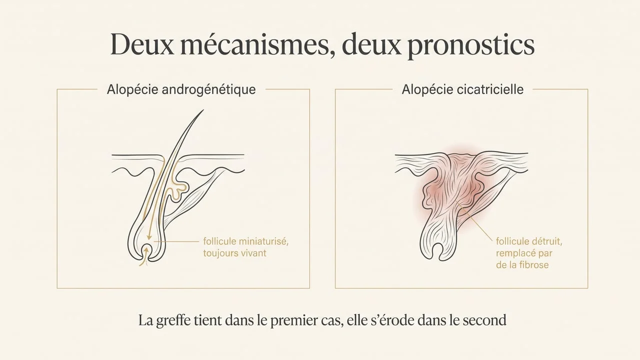 Schéma comparant un follicule miniaturisé dans une alopécie androgénétique et un follicule détruit remplacé par de la fibrose dans une alopécie cicatricielle