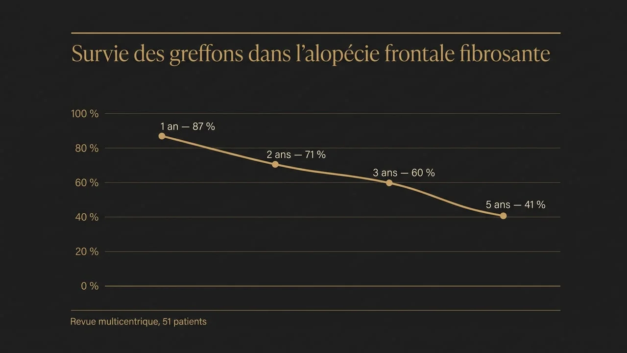 Graphique montrant la décroissance de la survie des greffons dans l'alopécie frontale fibrosante : 87 % à un an, 71 % à deux ans, 60 % à trois ans, 41 % à cinq ans