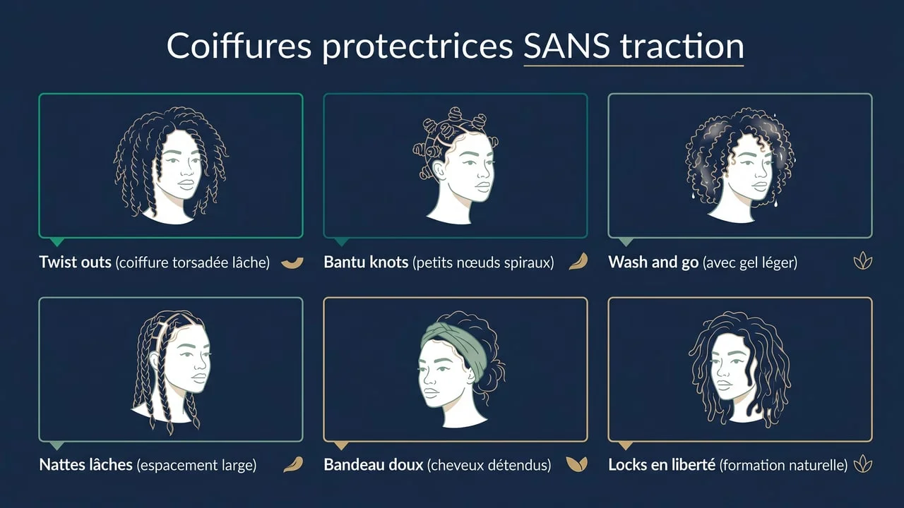 6 coiffures protectrices alternatives sans traction : twist outs, bantu knots, wash and go, tresses lâches, bandeau souple, locks freeform