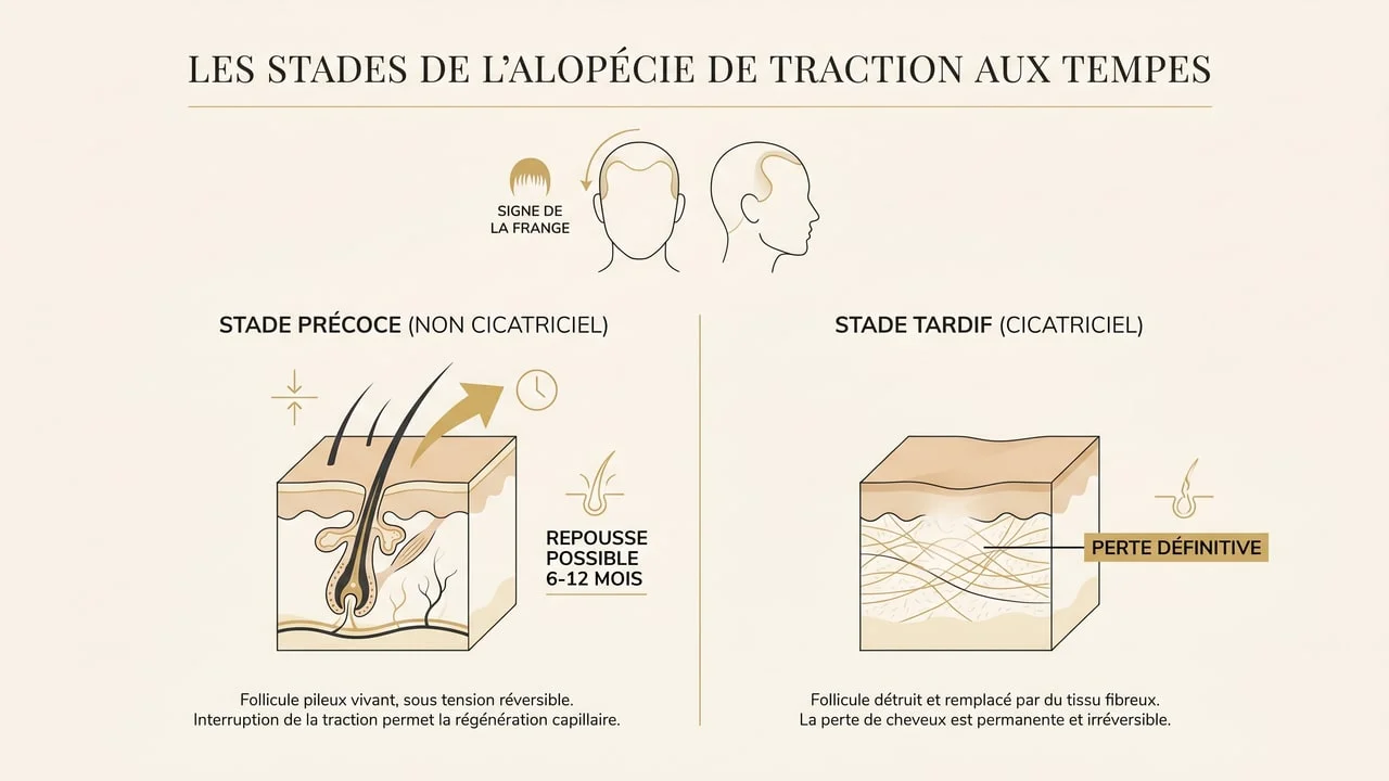 Infographie comparant le stade précoce non cicatriciel (repousse possible) et le stade tardif cicatriciel (perte définitive) de l'alopécie de traction des tempes.