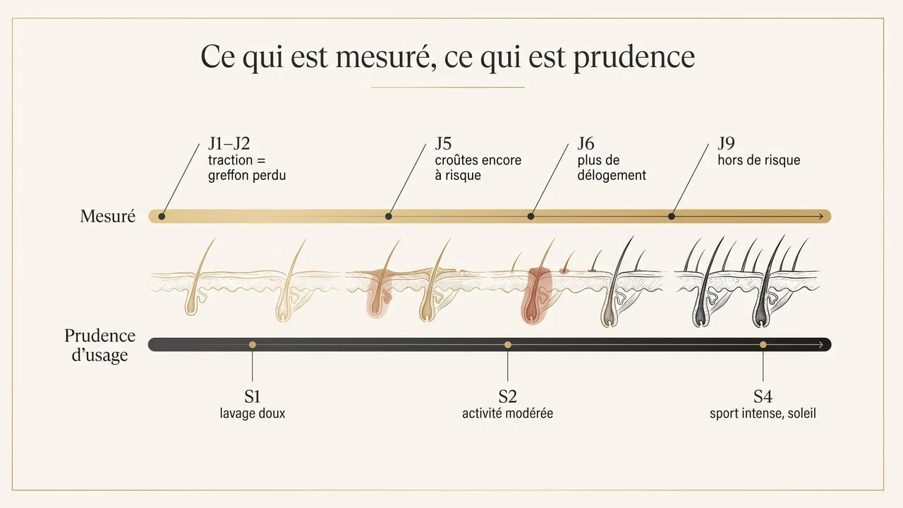 Schéma comparant deux calendriers après une greffe de cheveux : les délais mesurés par l'étude sur l'ancrage des greffons, et les délais relevant de la prudence d'usage pour le lavage, le sport et l'exposition solaire