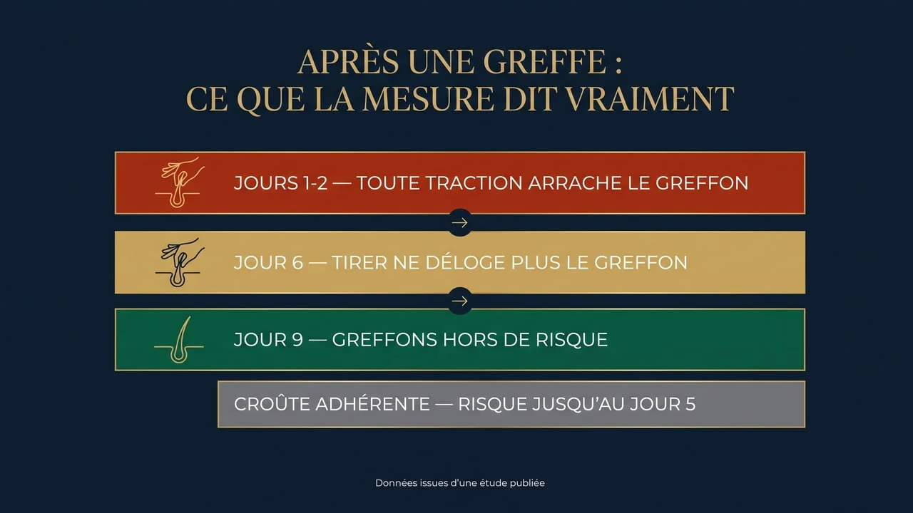 Infographie des délais mesurés après une greffe de cheveux : toute traction arrache le greffon aux jours 1 et 2, plus de délogement au jour 6, greffons hors de risque au jour 9, et risque lié aux croûtes adhérentes jusqu'au jour 5
