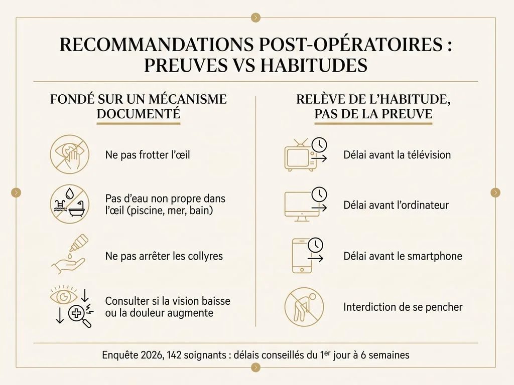 Infographie séparant les précautions postopératoires fondées sur un mécanisme documenté de celles qui relèvent de l'habitude