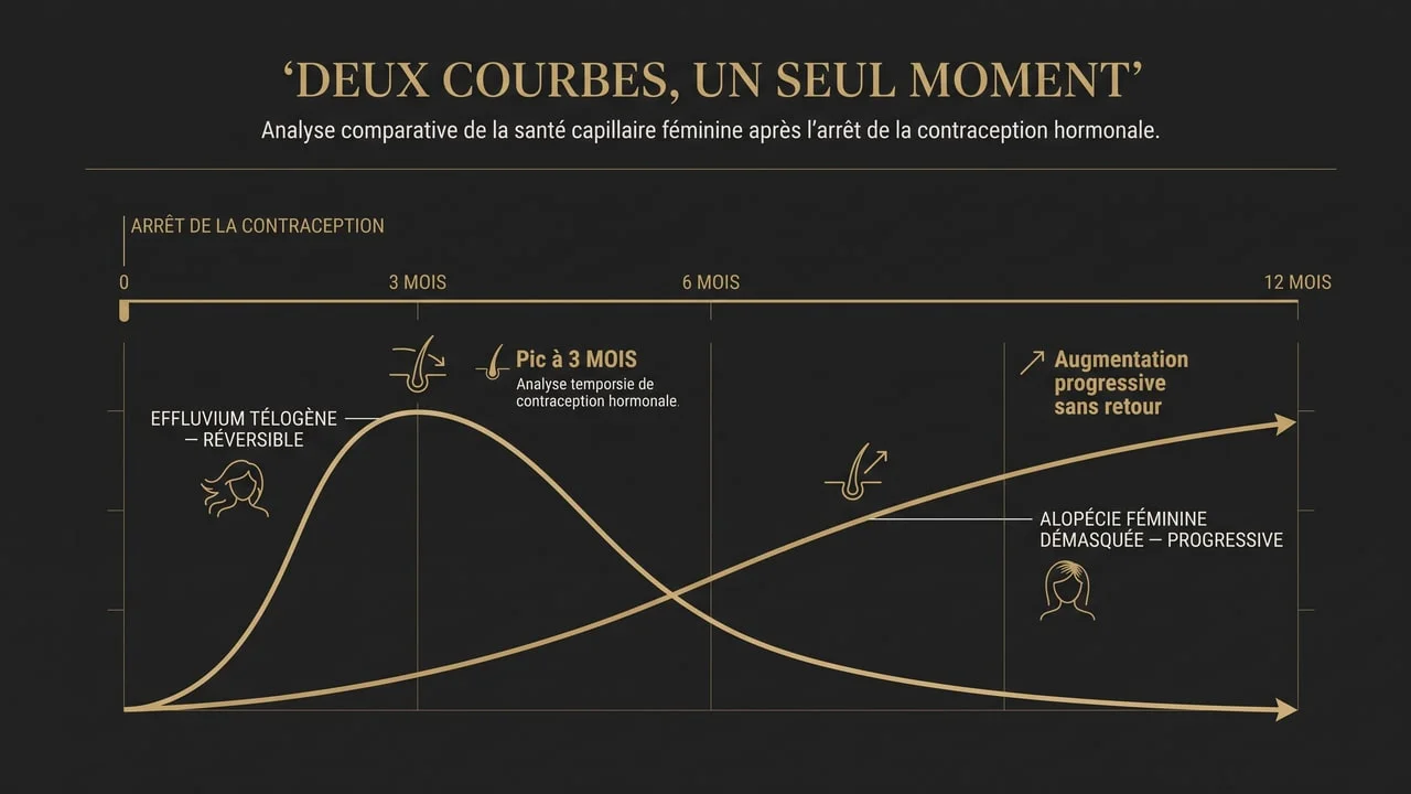 Infographie opposant la courbe réversible d'un effluvium télogène et la courbe progressive d'une alopécie féminine démasquée après arrêt de contraception