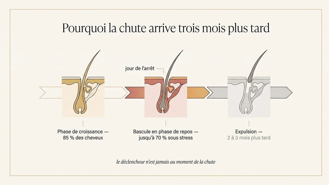 Schéma expliquant le décalage de deux à trois mois entre le facteur déclenchant et la chute des cheveux dans un effluvium télogène
