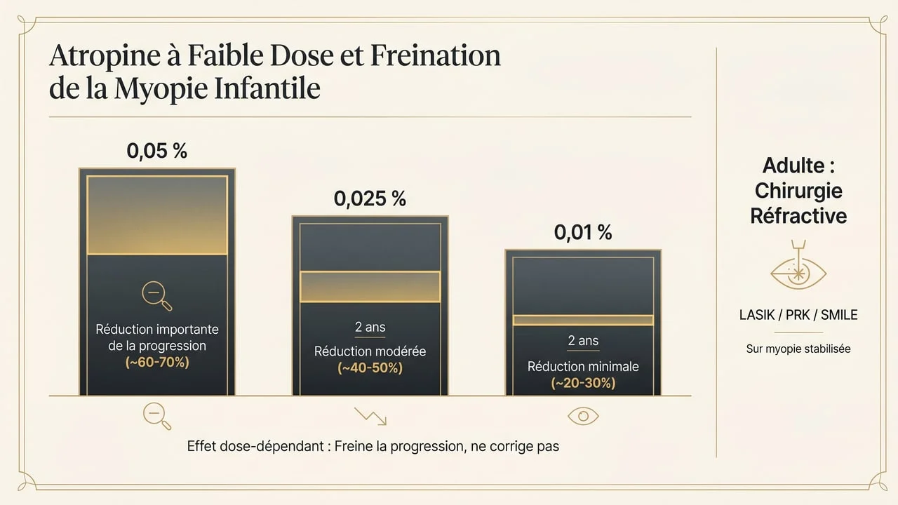 Infographie comparant l'efficacité dose-dépendante de l'atropine faible dose (0,05 %, 0,025 %, 0,01 %) pour freiner la myopie de l'enfant, et la chirurgie réfractive comme correction de l'adulte.