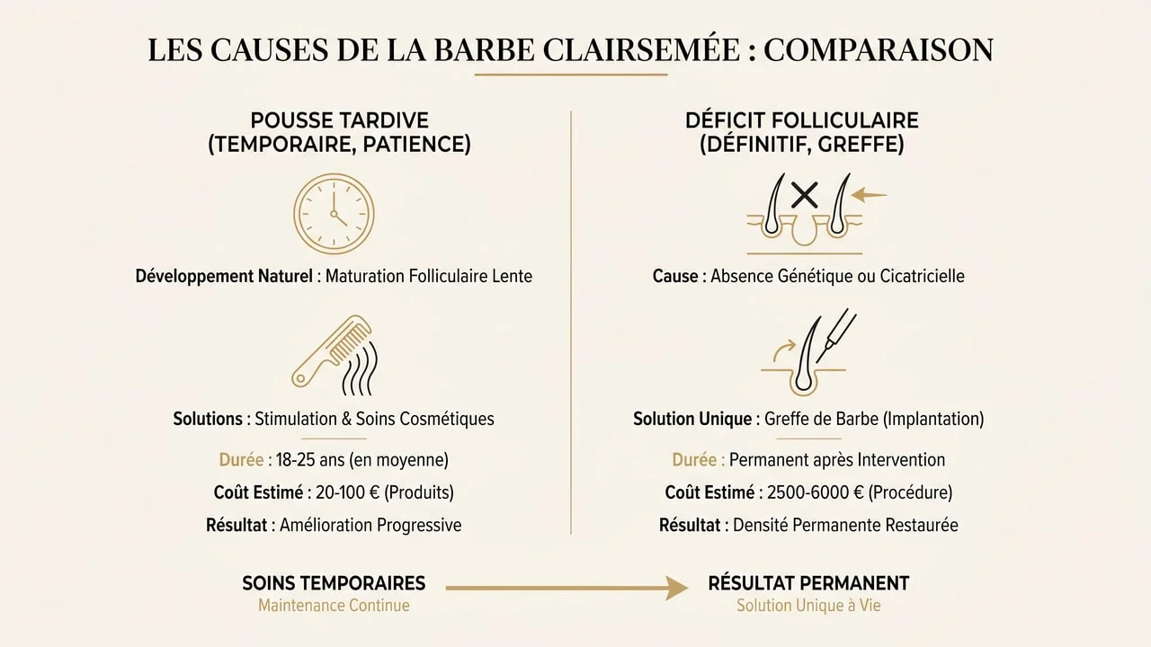 Infographie comparant pousse tardive et déficit folliculaire comme causes d'une barbe clairsemée