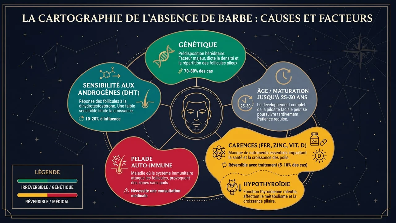 Cartographie des causes d'une barbe qui ne pousse pas : génétique, hormones, âge, carences, hypothyroïdie, pelade
