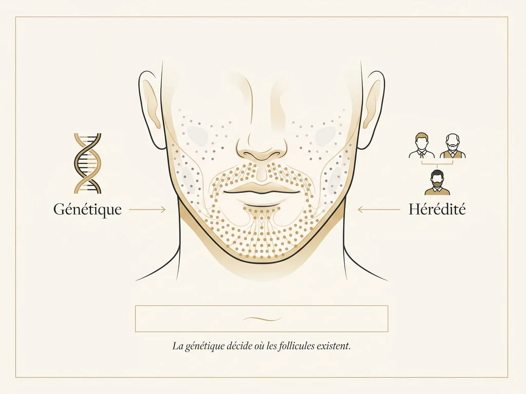 Schéma de la répartition génétique des follicules de la barbe : zones denses au menton, joues clairsemées