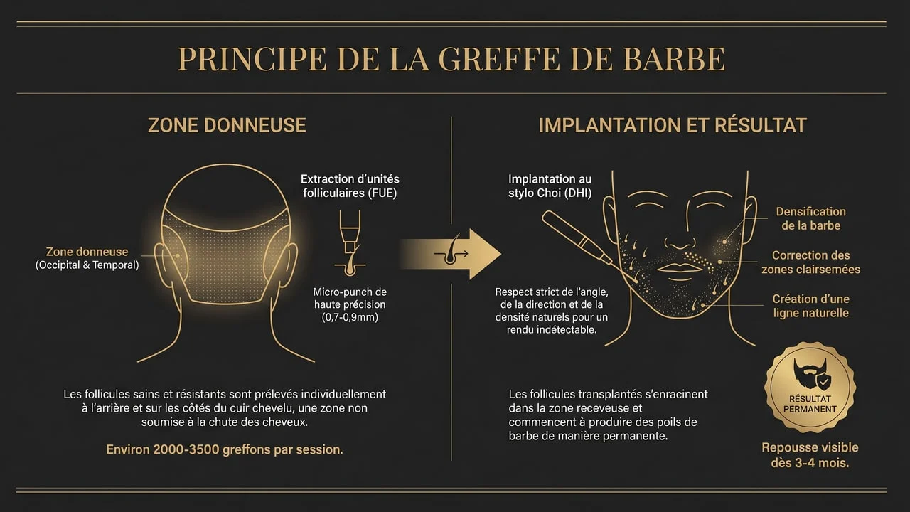 Principe de la greffe de barbe FUE : prélèvement en zone donneuse et implantation des follicules sur les joues