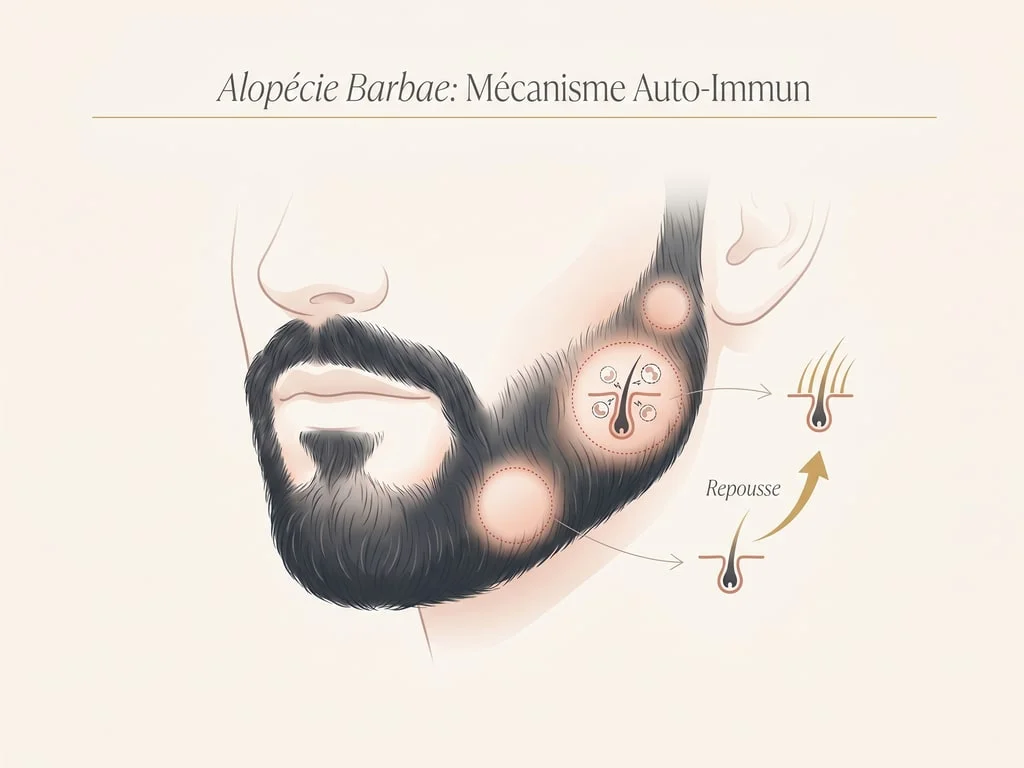 Illustration de la pelade de barbe : plaques rondes et lisses, mécanisme auto-immun et repousse possible