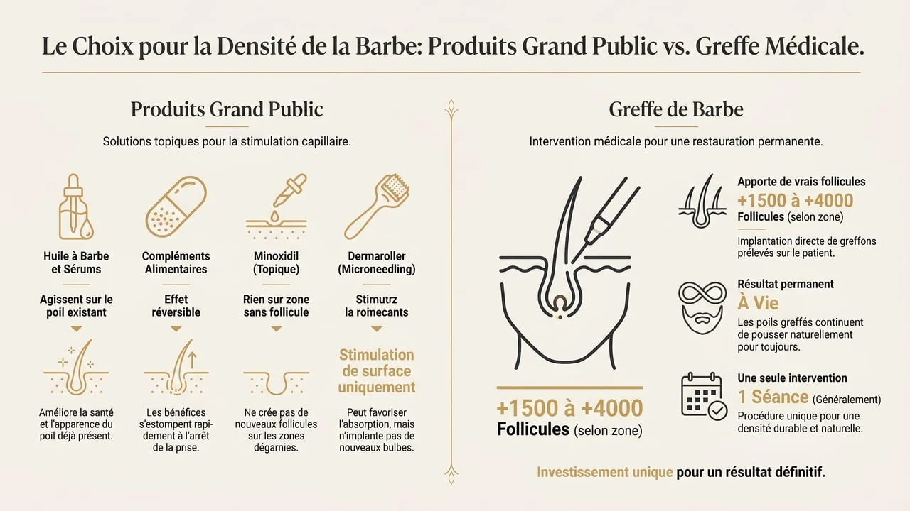 Comparaison entre produits grand public (huiles, compléments, minoxidil) et greffe de barbe permanente