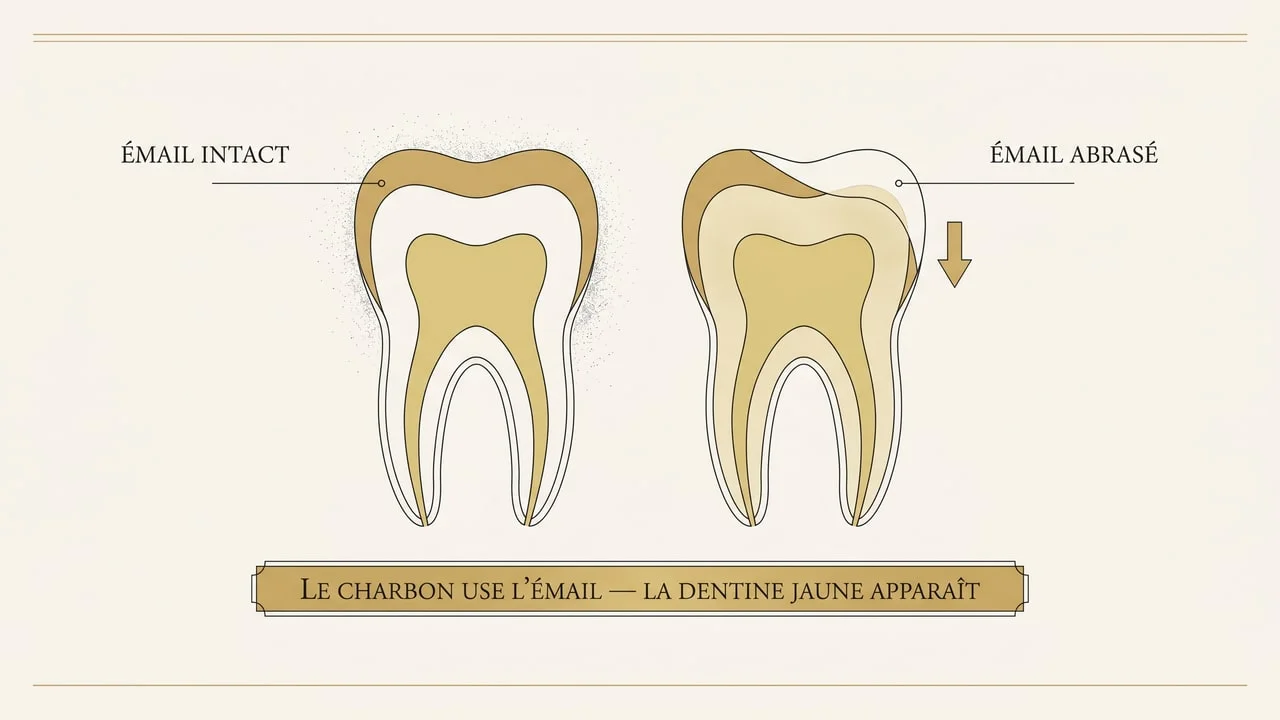 Schéma comparant un émail intact et un émail abrasé par le charbon, montrant la dentine jaune apparaissant davantage sous l'usure.