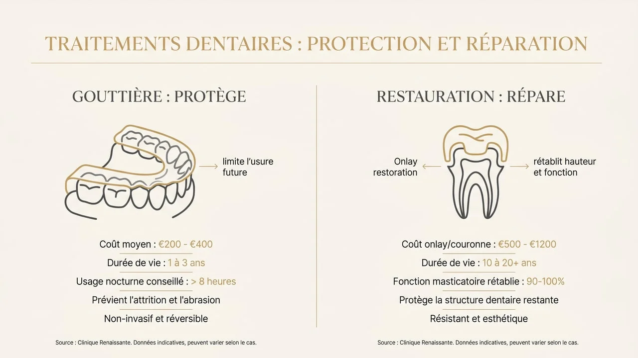 Infographie : la gouttière protège de l'usure, la restauration répare les dents déjà usées